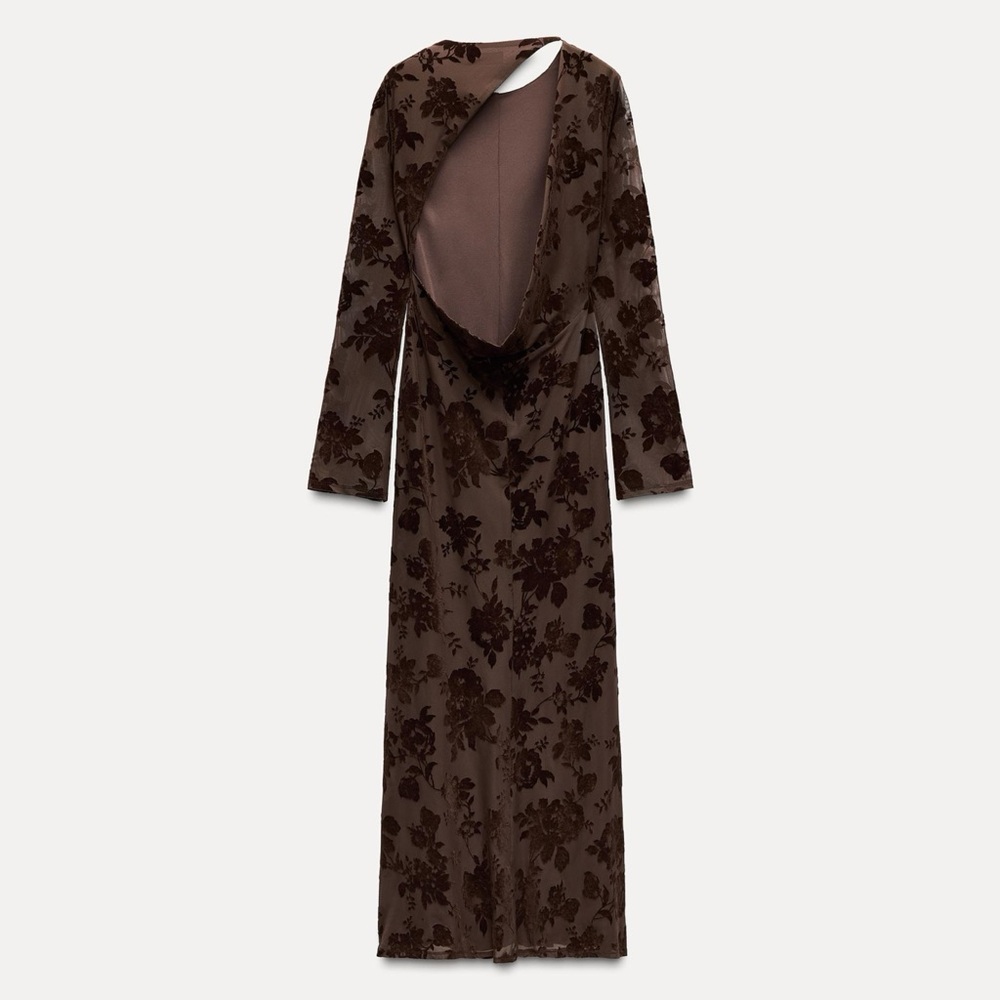 ZARA Long Floral Flocked Tulle Maxi Dress Open Back In Mink - Picture 13 of 13